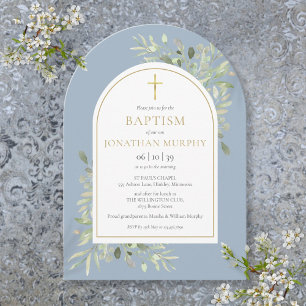 Gold Arch Greenery Dusty Blue Boy Baptism Invitation