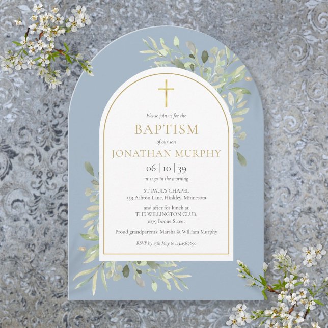 Gold Arch Greenery Dusty Blue Boy Baptism  Invitation (Gold Arch Greenery Dusty Blue Boy Baptism Invitation)