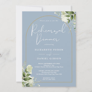 Gold Arch Greenery Dusty Blue Rehearsal Dinner Invitation