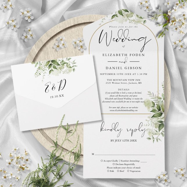 Gold Arch Greenery Floral Details RSVP Wedding All In One Invitation (Gold Arch Greenery Floral Details RSVP Wedding All In One Invitation)