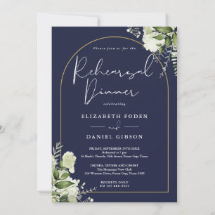 Gold Arch Greenery Navy Blue Rehearsal Dinner Invitation