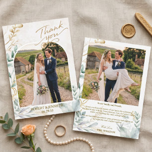 Gold Arch Greenery Watercolor Wedding Photo Thank You Card