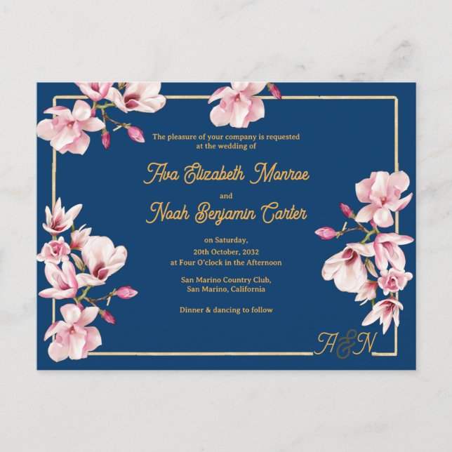 Gold Arch Navy Magnolia Floral Wedding Invitation Postcard (Front)