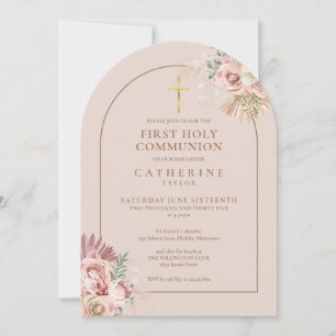 Gold Arch Pampas Grass Floral First Holy Communion Invitation