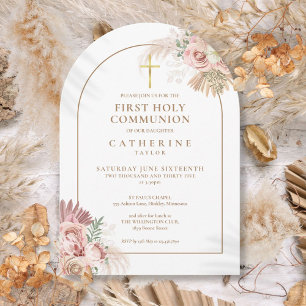 Gold Arch Pampas Grass Floral First Holy Communion Invitation