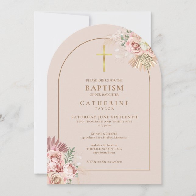 Gold Arch Pampas Grass Floral Girl Baptism Invitation (Front)