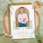 Gold Arch Photo Greenery First Holy Communion Thank You Card<br><div class="desc">Featuring an elegant gold arch,  watercolor greenery foliage and script signature name. Personalise with your photo and special first holy communion thank you message in chic gold lettering on this stylish design. Designed by Thisisnotme©</div>