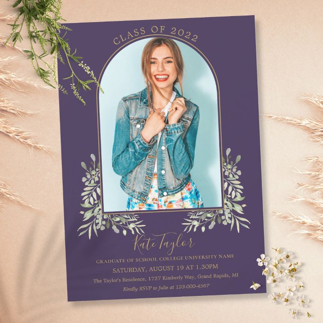 Gold Arch Photo Purple Foliage Graduation Invitation (Creator Uploaded)