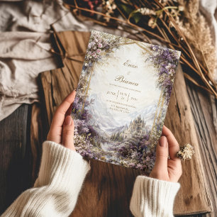 Gold Arch Pink and Purple Floral Castle Wedding Invitation