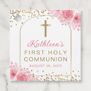 Gold Arch Pink Floral First Communion Thank You Favour Tags