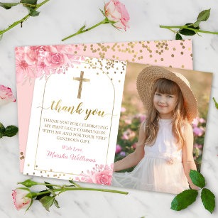 Gold Arch Pink Floral First Holy Communion Photo Thank You Card