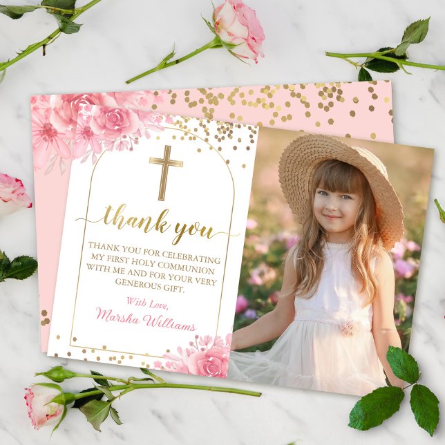 Gold Arch Pink Floral First Holy Communion Photo Thank You Card (Creator Uploaded)