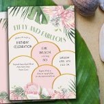 Gold Arch Tropical Protea and Palm 50th Birthday Invitation<br><div class="desc">50th birthday party invitation with gold arch design, tropical protea flowers and greenery. The design is titled "Fifty and Fabulous" and the template is set up for you to add your custom invite wording. This pretty floral design has modern gold arches with waterclor flowers and foliage in shades of pink...</div>