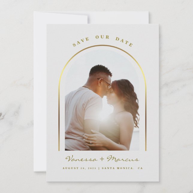 Gold Arched Frame Wedding Photo Save The Date (Front)