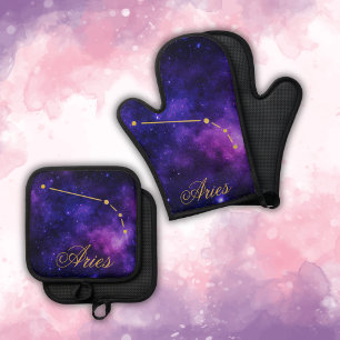 Gold Aries Constellation on Dark Galaxy   Oven Mitt & Pot Holder Set