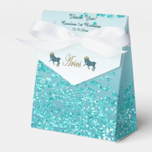 Gold Aries & Teal Blue Glitter Birthday Favour Box
