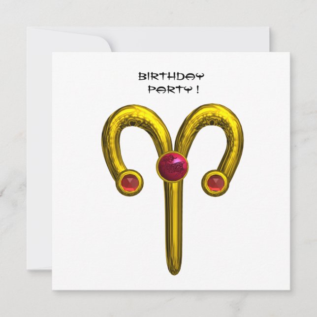 GOLD ARIES ZODIAC BIRTHAY JEWEL Ruby Red White Announcement (Front)