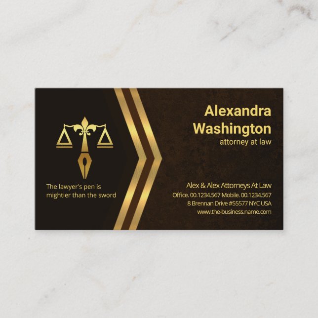 Gold Arrow Elegant Brown Marble Grunge Lawyer Business Card (Front)