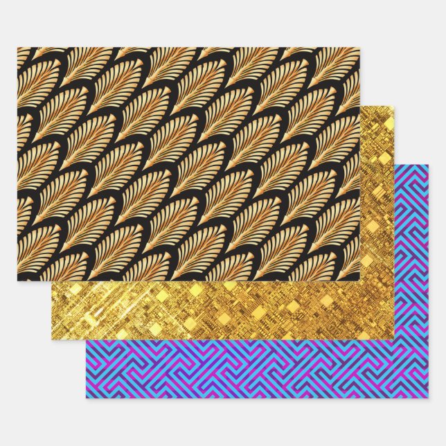 Gold Arrows and Sky Blue Meander Sampler Wrapping Paper Sheet (Set)