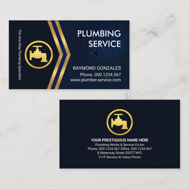 Gold Arrows Blue Water Droplets Plumbing Business Card (Front/Back)