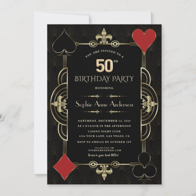 Gold Art Deco Casino Las Vegas Woman 50th Birthday Invitation (Front)