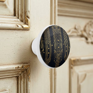 Gold Art Deco Celestial Stars Moons Pattern  Ceramic Knob