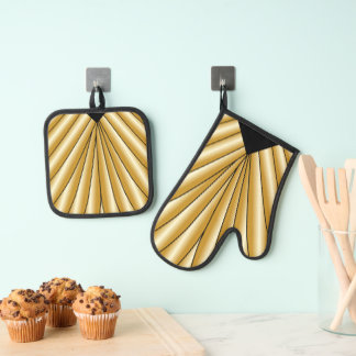 Gold Art Deco Design Oven Mitt & Pot Holder Set