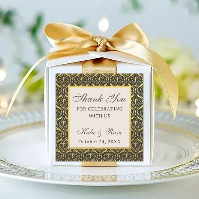 Gold Art Deco Floral Return Gift Favour (return gift favor sticker labels, indian wedding favors, hindu wedding favors, mehndi sangeet)