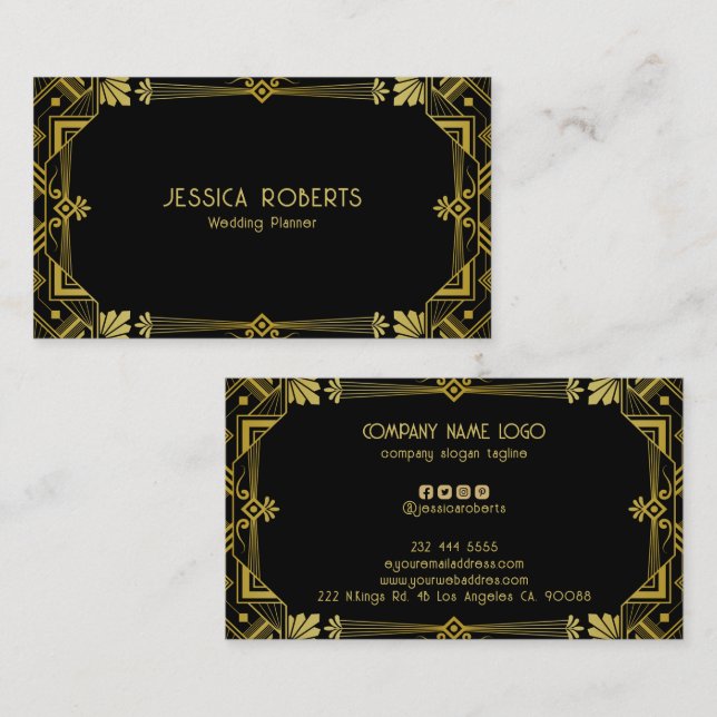 Gold Art Deco Frame On Black Business Card (Front/Back)