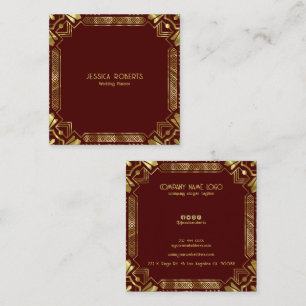Gold Art Deco Frame On Dark Red  Square Business Card