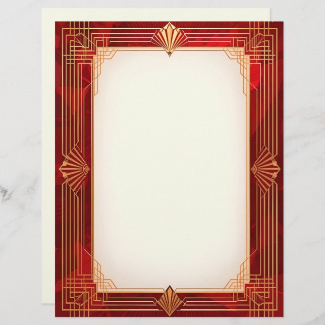 Gold Art Deco Frame on Red Background Custom Letterhead (Front/Back)
