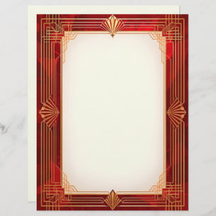 Gold Art Deco Frame on Red Background Stationery Custom Letterhead