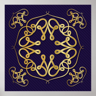 Gold art deco frame with ornament on blue backgrou poster