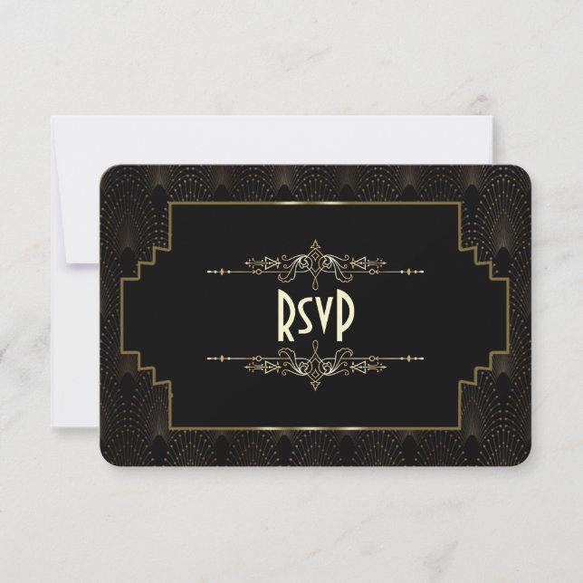Gold Art Deco Gatsby 1920s Style Wedding RSVP Card (Front)