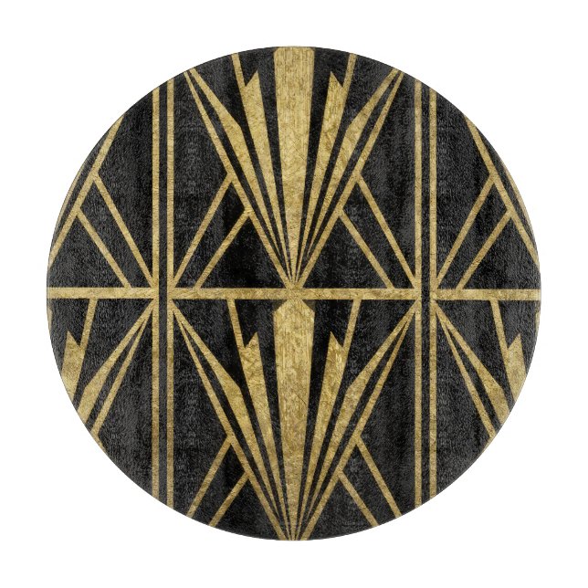 Gold Art Deco Geometric Fan Pattern Black Cutting Board (Front)