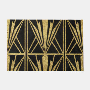 Gold Art Deco Geometric Fan Pattern Black Doormat