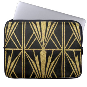 Gold Art Deco Geometric Fan Pattern Black Laptop Sleeve