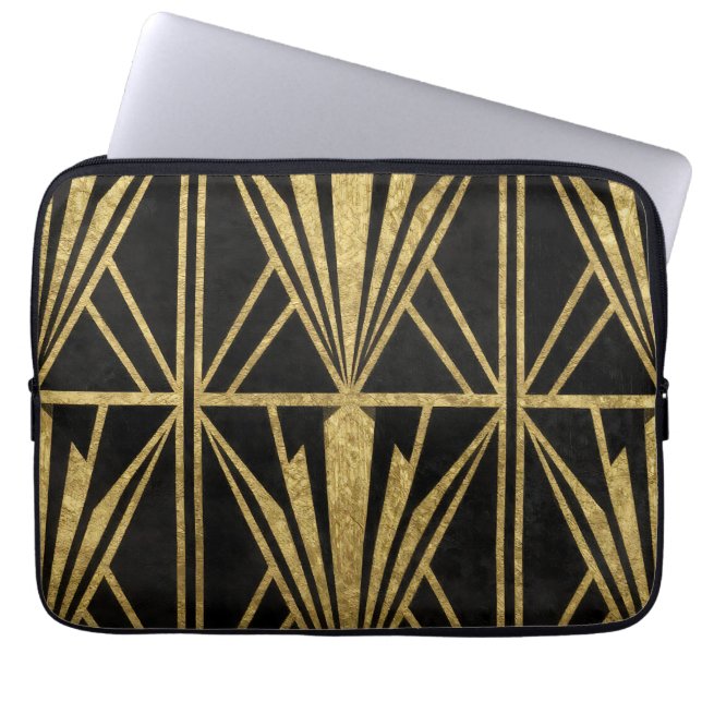 Gold Art Deco Geometric Fan Pattern Black Laptop Sleeve (Front)