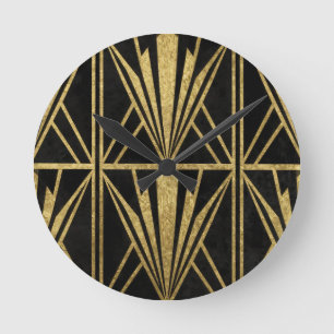 Gold Art Deco Geometric Fan Pattern Black Round Clock