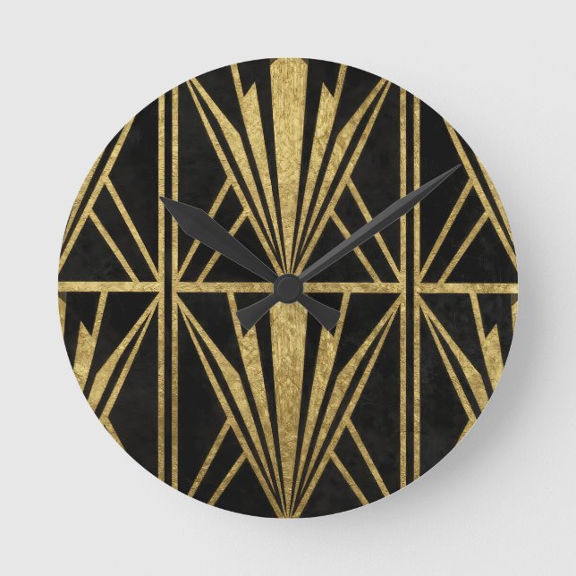 Gold Art Deco Geometric Fan Pattern Black Round Clock (Front)