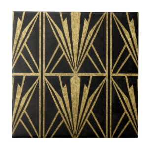 Gold Art Deco Geometric Fan Pattern Black Tile