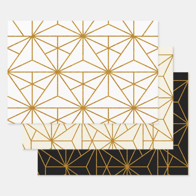 Gold art deco geometric pattern wrapping paper sheet (Set)