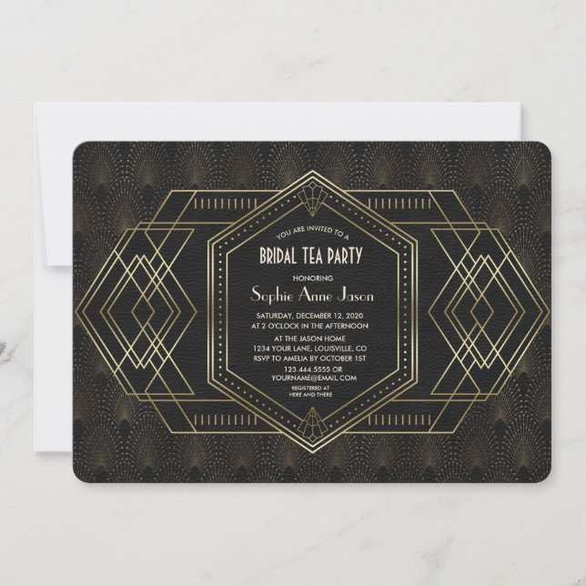 Gold Art Deco Great Gatsby Bridal Shower Tea Party Invitation (Front)