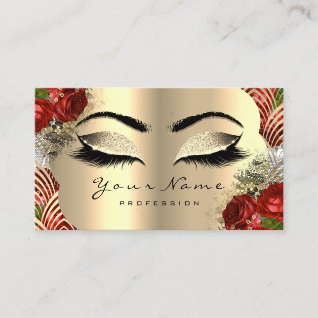 Gold Art Deco Makeup Artist Lash Floral Red Rose Business Card (Front)