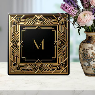 Gold Art Deco Monogram Black Personalised Luxury Tile