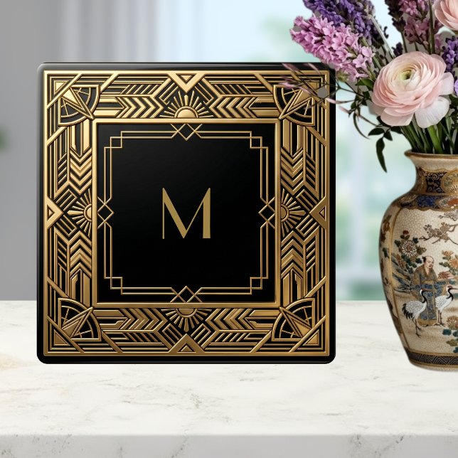Gold Art Deco Monogram Black Personalised Luxury Tile (Creator Uploaded)