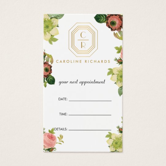 Gold Art Deco Monogram Vintage Florals Appointment Business Card