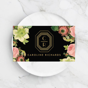 Gold Art Deco Monogram Vintage Florals Black Business Card