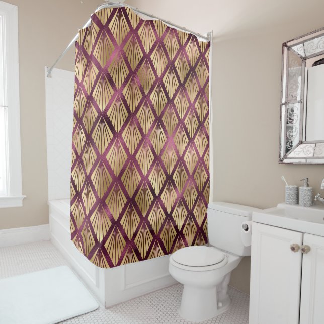 Gold Art Deco on Burgundy Shower Curtain (In Situ)