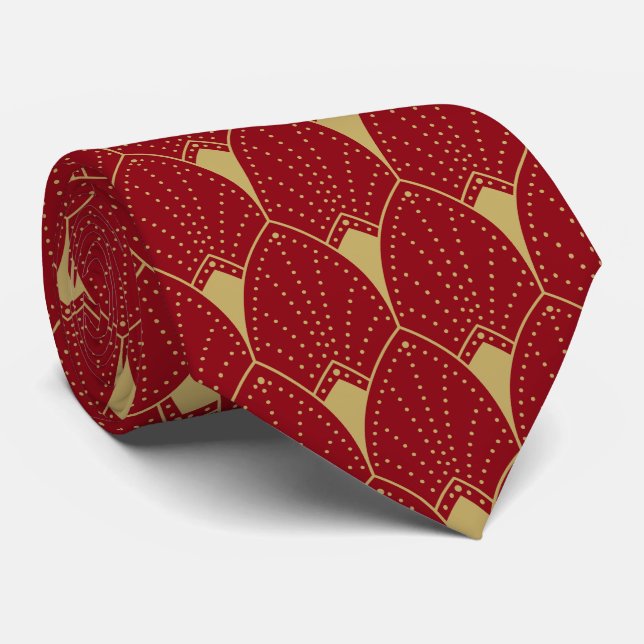 Gold Art Deco Pattern & Deep Red Background Tie (Rolled)